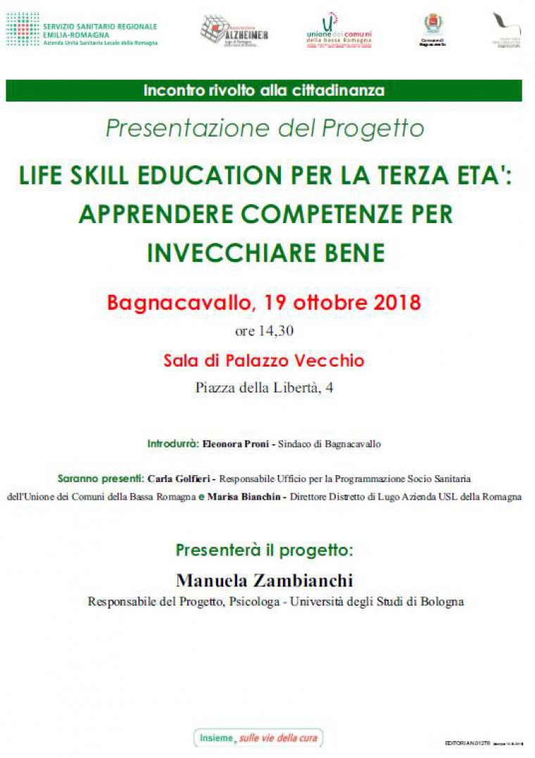 A Bagnacavallo il 19 ottobre incontro pubblico “Life Skill Education: apprendere competenze per invecchiare bene”.