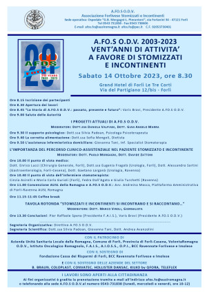 Convegno AFOS ODV 2003-2023 : &quot;Venti anni di attività a favore dei pazienti stomizzati e incontinenti&quot; (14 ottobre, Grand Hotel, Forlì)