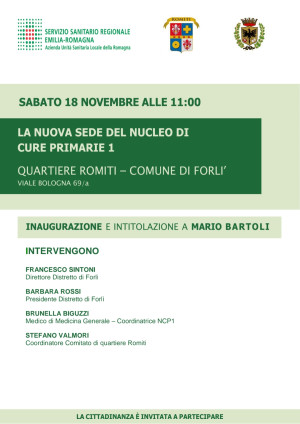 Inaugurazione della nuova sede del Nucleo di Cure Primarie 1 di Forlì (Sabato 18 novembre, ore 11)