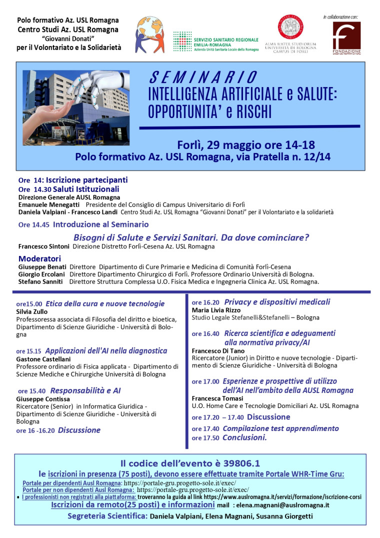 Confermato evento &quot;Intelligenza artificiale e salute: opportunità e rischi&quot; (29 maggio, ore 14,  Polo Formativo Ausl Romagna, Via Pratella 12, Forlì)