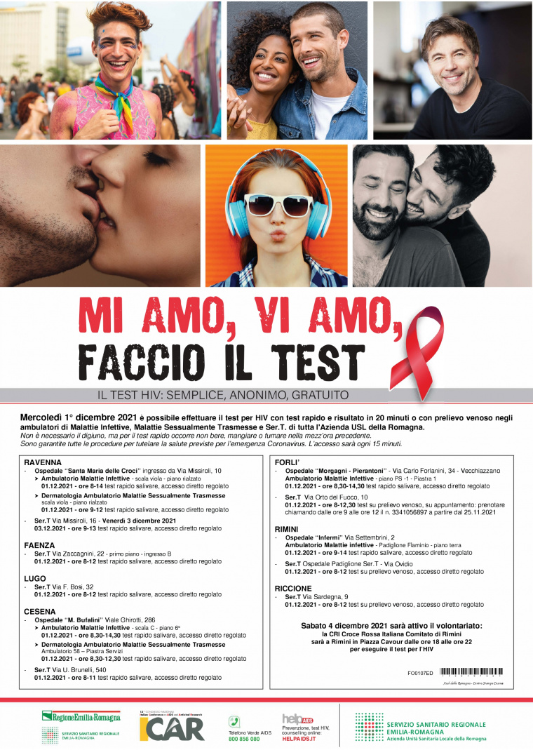 1° dicembre, Giornata mondiale contro l’AIDS  “Mi Amo, Vi Amo. Faccio il test”:  i punti dove effettuare il test HIV in Romagna