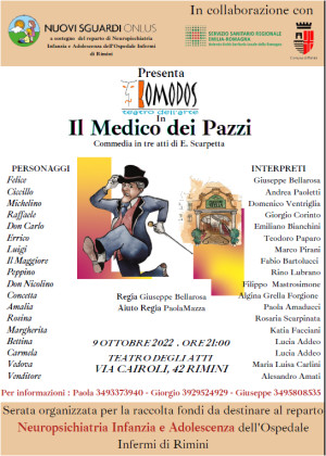 “Il medico dei Pazzi”, il 9 ottobre evento teatrale a favore della Neuropsichiatria di Rimini