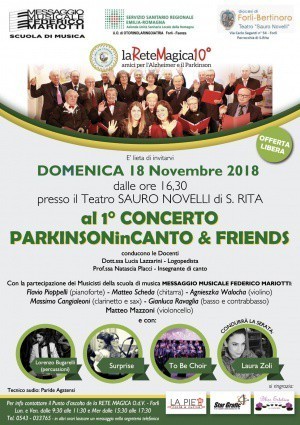 1° Festival di PARKINSONinCANTO &amp; FRIENDS - Domenica 18 Novembre 2018, alle ore 16.30, presso il Teatro Novelli, Via Seganti, Forlì