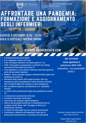 “Affrontare una pandemia: formazione e aggiornamento degli infermieri”, il 9 dicembre all’ospedale Infermi evento formativo organizzato dall'OPI Rimini