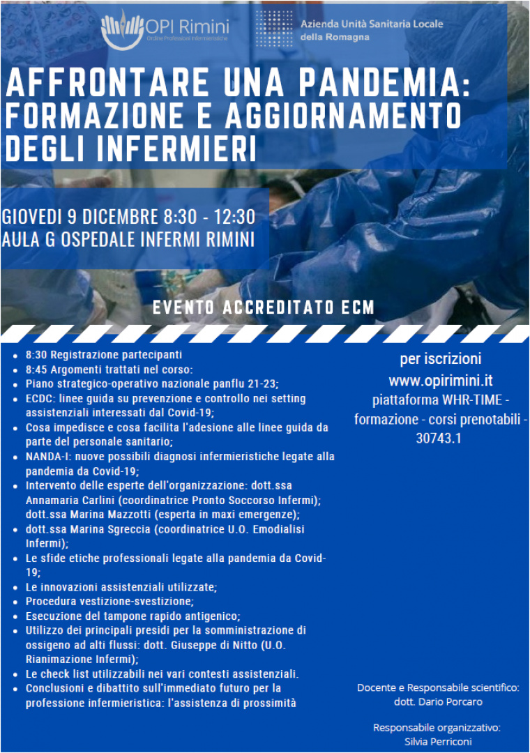 “Affrontare una pandemia: formazione e aggiornamento degli infermieri”, il 9 dicembre all’ospedale Infermi evento formativo organizzato dall&#039;OPI Rimini