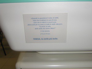 La targa, dedicata alla piccola Teresa, collocata sulla termoculla donata dalla famiglia Caldari in sua memoria