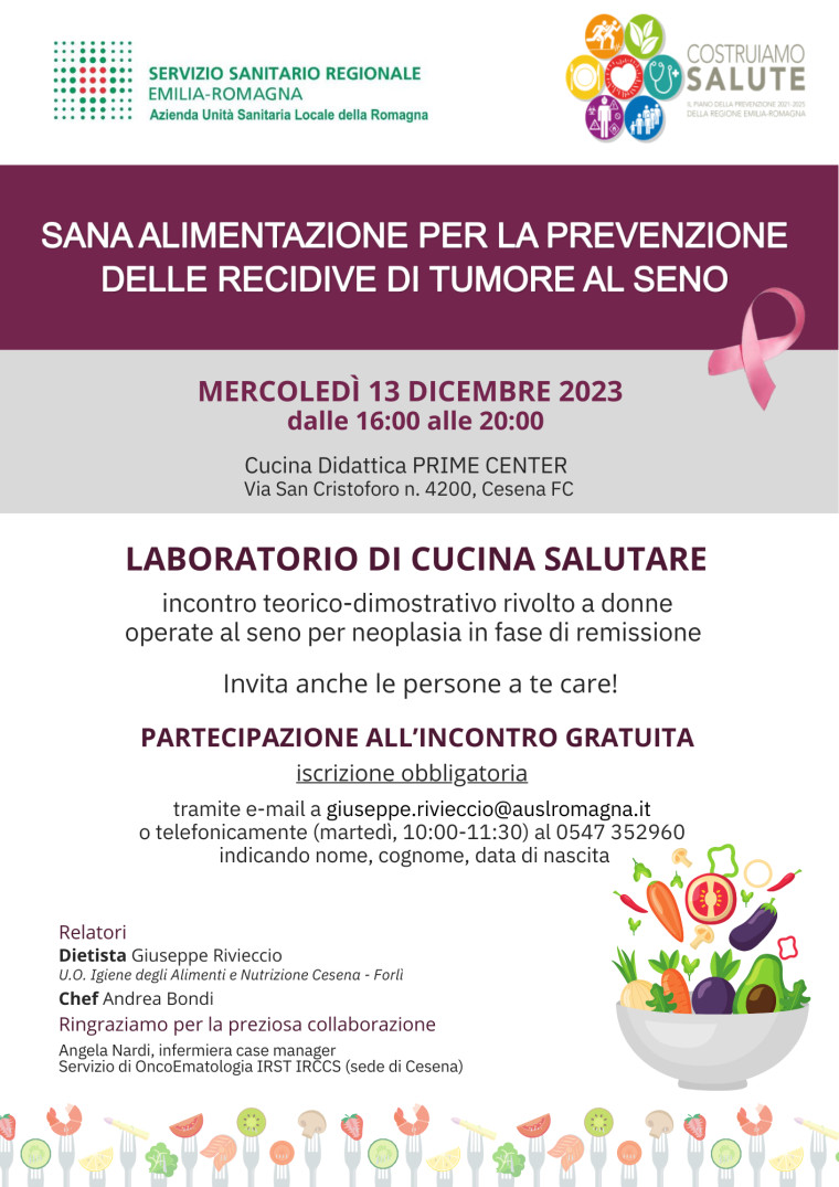 Alimentazione e tumore al seno, il 13 dicembre allo IOR Prime Center di Cesena incontro teorico-pratico gratuito di cucina rivolto alle donne operate