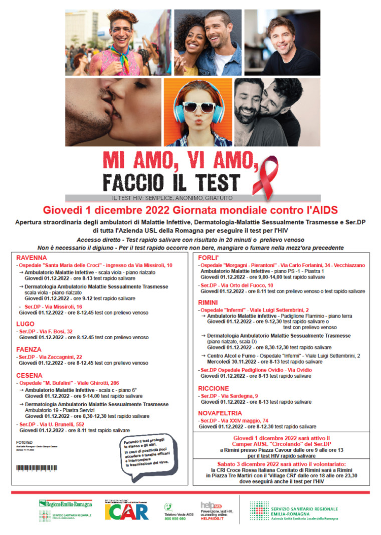 1° dicembre,Giornata mondiale contro l’AIDS: i punti dove effettuare il test HIV in Romagna