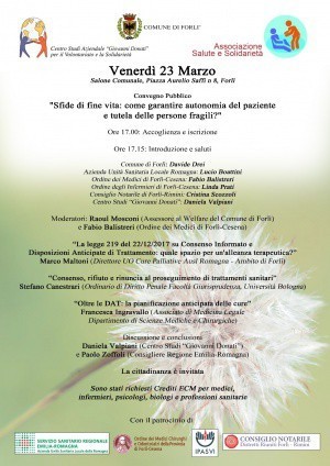 Convegno "Sfide di fine vita: come garantire autonomia del paziente e tutela delle persone fragili" (Salone Comunale, Forlì,23 marzo)